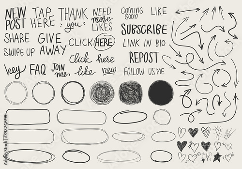Big vector set of hand lettering phrases, hearts. arrows, circular scribble rounds. Collection of creative doodle elements for social media posts and stories highlights.