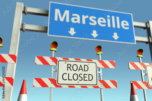 Roadblock near Marseille city traffic sign. Coronavirus disease quarantine or lockdown in France conceptual 3D rendering © Alexey Novikov