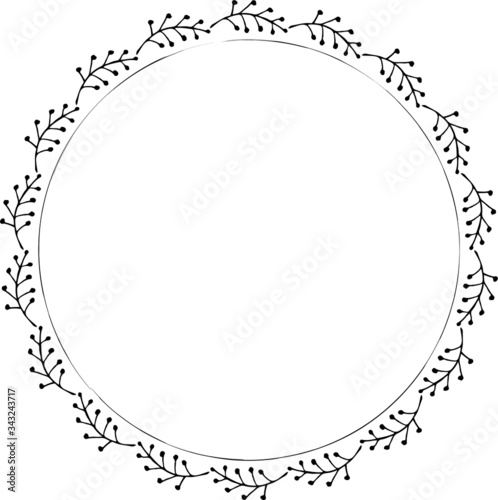 Hand drawn round frame and wreath isolated on white background. Hand sketched design element. Unique and ready to use for decoration.