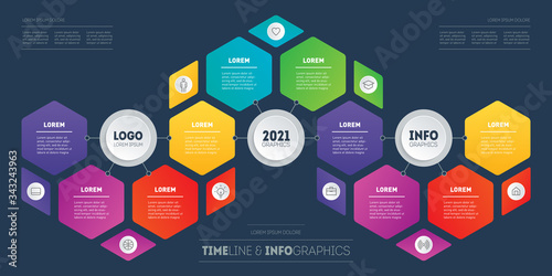 Business presentation or Infographics concept with 10 options. Brochure design template. Diagram. Symmetric Infographic of technology development or education process with ten steps. Vector.