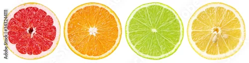 Panel kuchenny z motywem Set of colorful different citrus fruit slices. Half of grapefruit, orange, lime and lemon in row isolated on white background with clipping path.
