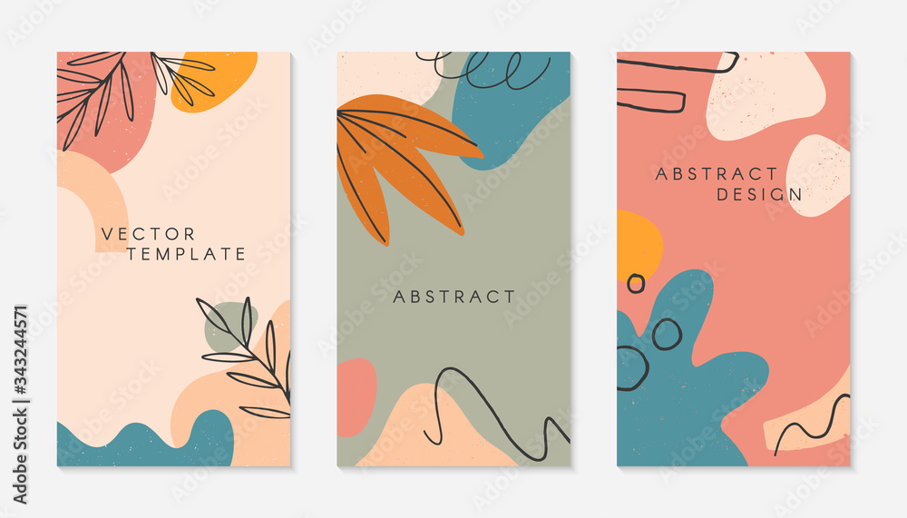 Set of creative stories templates with copy space for text.Modern vector illustrations,hand drawn organic shapes and textures.Trendy contemporary design for prints,banners,brochures,social media post.