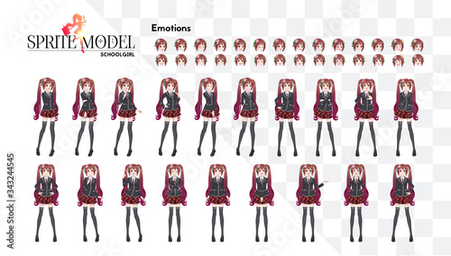 Set of emotions. Sprite full length character for game visual novel. Anime manga girl, Cartoon character in Japanese style. In a white shirt, a red skirt in a cage, a tie and black stockings-tights