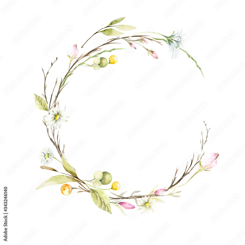 Watercolor wreath with hand painted spring wild flowers of chamomile and leaves in pastel colors. Romantic floral background perfect for fabric textile, vintage paper or scrapbooking