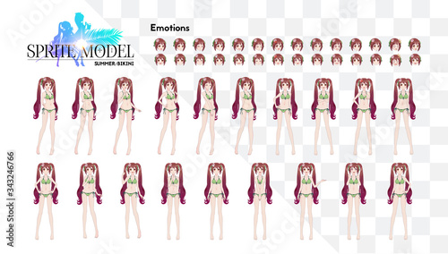 Sprite full length character for game visual novel. Anime manga girl, Cartoon character in Japanese style. In a summer bikini swimsuit. Set of emotions