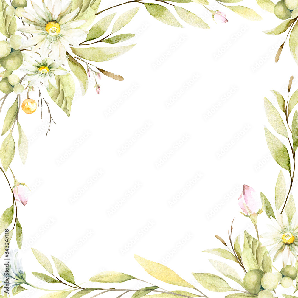 Watercolorframe with hand painted summer wild flowers, green leaves and branches in pastel colors . Romantic floral background perfect for fabric textile, vintage paper or scrapbooking