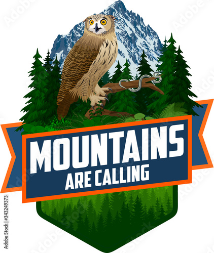 The Mountains Are Calling. vector Outdoor Adventure Inspiring Motivation Emblem logo illustration with eagle owl and Common garter snake photo