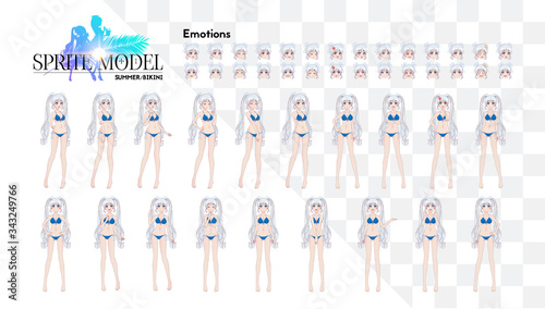 Sprite full length character for game visual novel. Anime manga girl, Cartoon character in Japanese style. In a summer bikini swimsuit. Set of emotions
