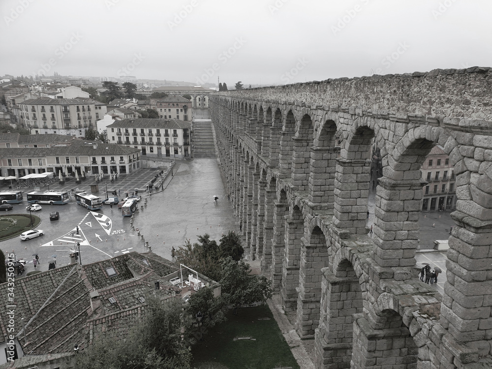 Rain in Aqueduct of Segovia in the morning