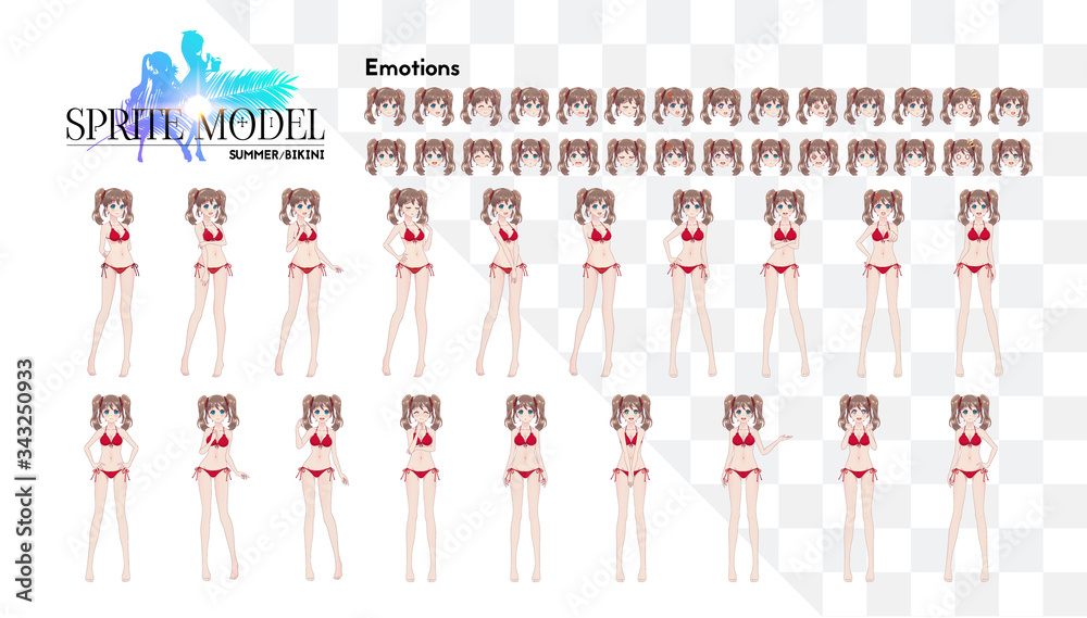 Fototapeta premium Sprite full length character for game visual novel. Anime manga girl, Cartoon character in Japanese style. In a summer bikini swimsuit. Set of emotions