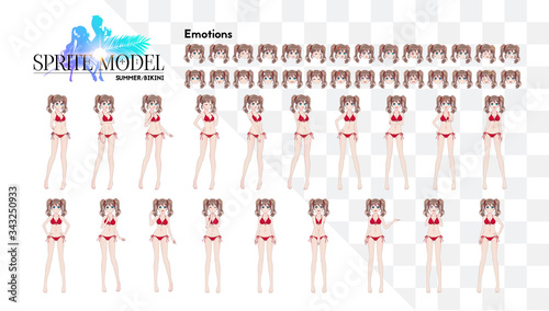 Sprite full length character for game visual novel. Anime manga girl, Cartoon character in Japanese style. In a summer bikini swimsuit. Set of emotions