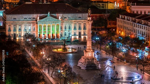 Rossio Square Lisbon timelapse lwhich is the popular name of Pedro IV Square, shot at night from the elevador de Santa Justa. Portugal
