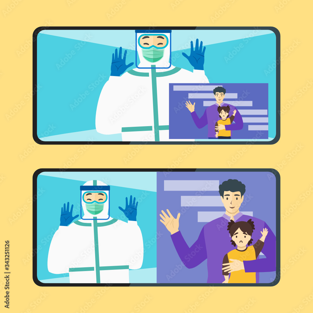 COVID-19 Healthcare Female Doctor Nurse Medical Worker Full Covered Hazmat Suit PPE Video Call Web Conference Teleconference with Remote Mobile Meetings Daughter Kid Husband Family During Break Time COVID-19 Healthcare Female Doctor Nurse Medical Worker Full Covered Hazmat Suit PPE Video Call Web Conference Teleconference with Remote Mobile Meetings Daughter Kid Husband Family During Break Time