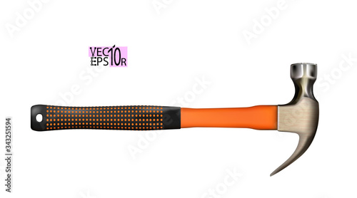 Modern steel realistic hammer with orange handle of fiberglass covered with rubber. Work tool isolated on white background. Vector illustration.