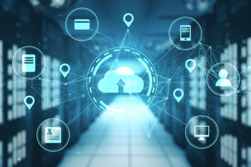 Server room with networking cloud diagram in data center.