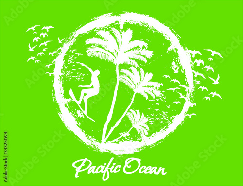 Vector art for tshirt print design on the theme of palm big wave and surfer