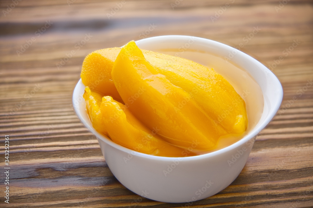 Tasty ripe appetizing mango on plate on the table Tasty ripe appetizing mango on plate on the table