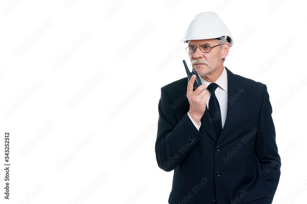 Portrait of serious business man, civil engineer and architect wear a white safety helmet speak by sense with copy space in white background Portrait of serious business man, civil engineer and architect wear a white safety helmet speak by sense with copy space in white background