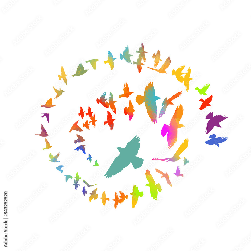 Multi-colored birds. Abstract bird mosaic. A flock of flying rainbow birds. Vector illustration Multi-colored birds. Abstract bird mosaic. A flock of flying rainbow birds. Vector illustration