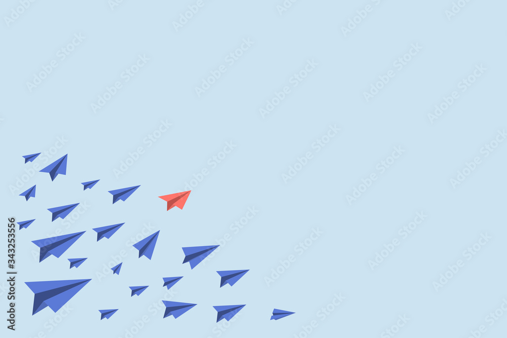 Unique red isometric paper plane and many white ones on turquoise blue sky. Leadership, teamwork and courage concept. Flat design. EPS 10 compatible vector illustration, no transparency, no gradients Unique red isometric paper plane and many white ones on turquoise blue sky. Leadership, teamwork and courage concept. Flat design. EPS 10 compatible vector illustration, no transparency, no gradients
