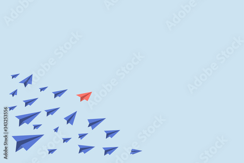 Fototapeta Naklejka Na Ścianę i Meble -  Unique red isometric paper plane and many white ones on turquoise blue sky. Leadership, teamwork and courage concept. Flat design. EPS 10 compatible vector illustration, no transparency, no gradients