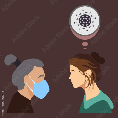 Wear a mask and use virus protection epidemic of corona virus, pneumonia, COVID-19, 2019-nCoV. An infected person spreads the disease and infects other men and women. Stay home in quarantine.