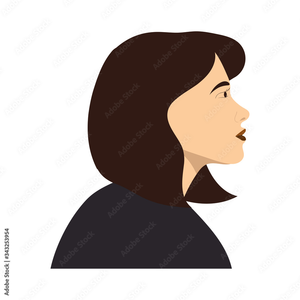 European woman with short hair in side profile. A Chinese girl with a light skin color looks at the top and a bright future. Feminism, equality, women's rights vector flat cartoon illustration.