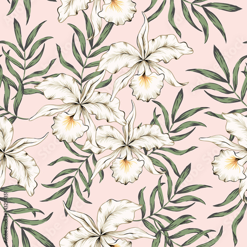 Tropical white orchid flowers, green palm leaves, pink background. Vector seamless pattern. Jungle foliage illustration. Exotic plants. Summer beach floral design. Paradise nature