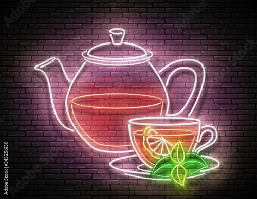 Vintage Glow Signboard with Glass Tea Pot, Cup and Branch of Plant