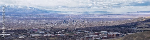 Salt Lake Valley and City panoramic views from the Red Butte Trail to the Living Room, Wasatch Front, Rocky Mountains in Utah early spring. Hiking view of trails around the University and Gardens and 