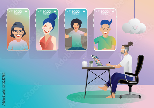 Video conference landing. People on smartphone screen taking with a colleague. Videoconferencing and online meeting workspace man and woman. self-quarantine to prevent from COVID -19, vector 