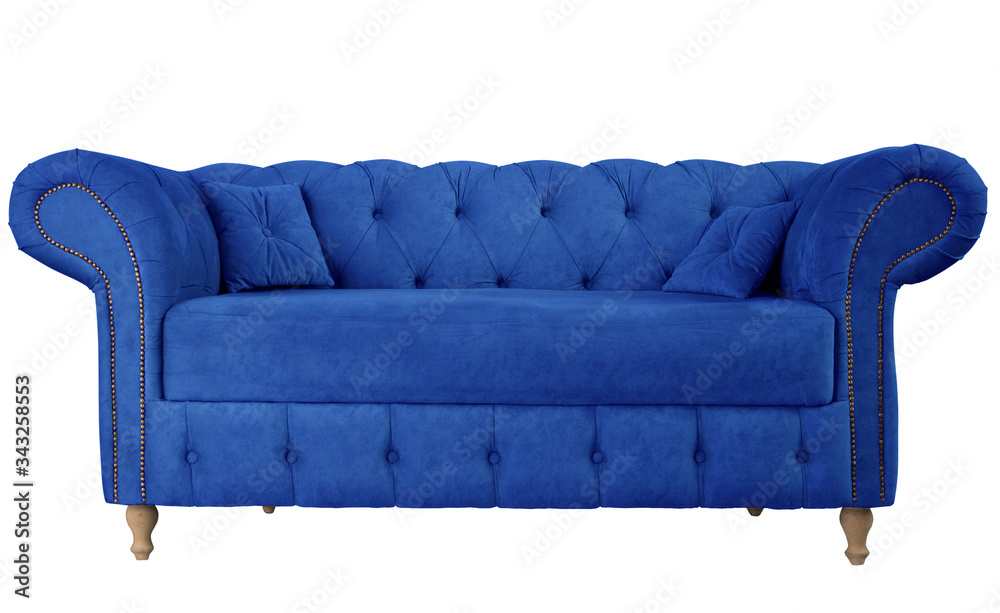 Navy blue sofa with pillows on wooden legs isolated on white. Darck blue suede  couch isolated Stock Photo | Adobe Stock