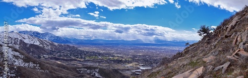 Salt Lake Valley and City panoramic views from the Red Butte Trail to the Living Room, Wasatch Front, Rocky Mountains in Utah early spring. Hiking view of trails around the University and Gardens and 