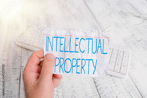 Conceptual hand writing showing Intellectual Property. Concept meaning Protect from Unauthorized use Patented work or Idea Man holding colorful reminder square shaped paper wood floor