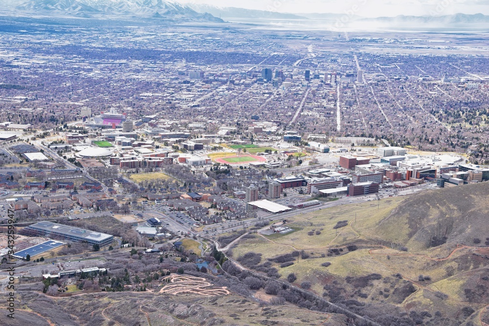 Salt Lake Valley and City panoramic views from the Red Butte Trail to the Living Room, Wasatch Front, Rocky Mountains in Utah early spring. Hiking view of trails around the University and Gardens and 