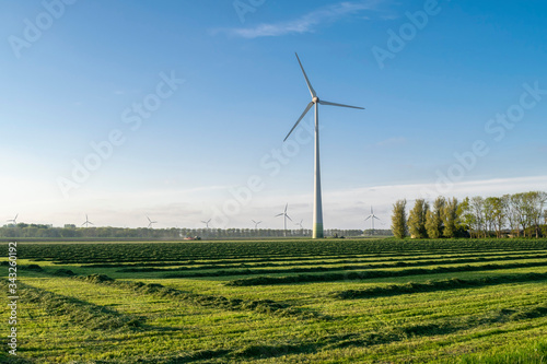 Windmill at sunset in a green field of freshly cut grass against a bright blue sky.