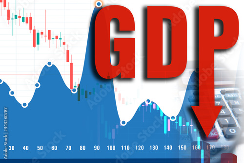 Red letters of GDP with the sign of decline, graphs and charts. Analysis of macroeconomic indicators. Decrease in gross domestic product. Crisis of the world economy.