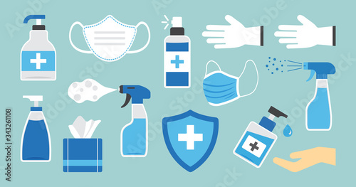 Disinfection. Hand hygiene. Set of hand sanitizer bottles, washing gel, spray, wipes, liquid soap, gloves. PPE personal protective equipment. Vector illustration