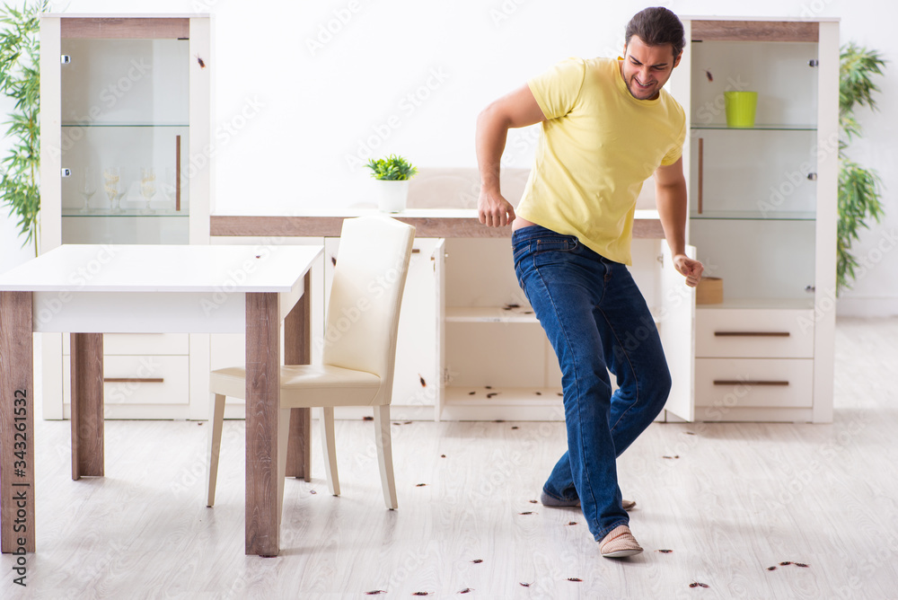 Young man and a lot of cockroaches at home