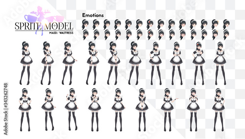 Sprite full length character for game visual novel. Anime manga girl, Cartoon character in Japanese style. Costume of maid cafe. Set of emotions