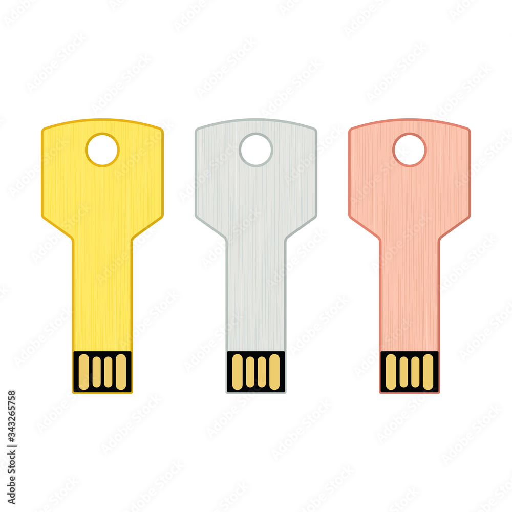 Set of metallic USB key flash drive, gold, silver and bronze. Template ...