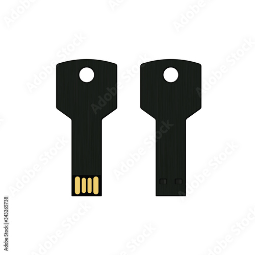 Black USB key flash drive, back view and front view. Template for corporate identity. Vector illustration isolated on white background