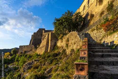 Scenic view at sunset of Arechi Castle, one of the ancient buildings of Salerno, Campania, Italy photo