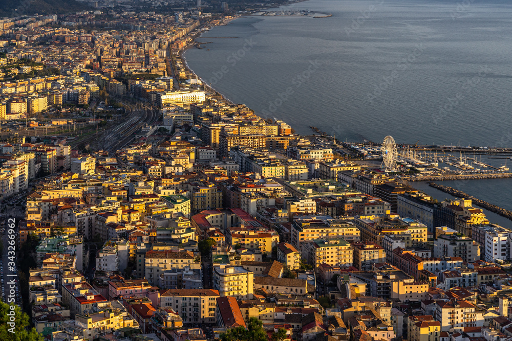 Aerial view of Salerno historic center at sunset from the Arechi Castle, Campania, Italy