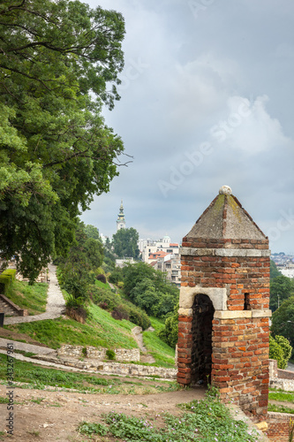 Kalemegdan fortress park and a panorama of the city center of Belgrade in background, with the cathedral of Saborna Crkva and its tower, a major landmark