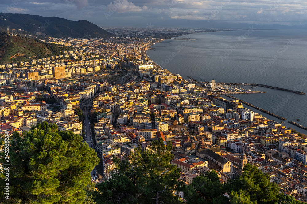 Scenic panoramic view of Salerno at sunset, seen from Arechi Castle, the best viewpoint of the city, Campania, Italy