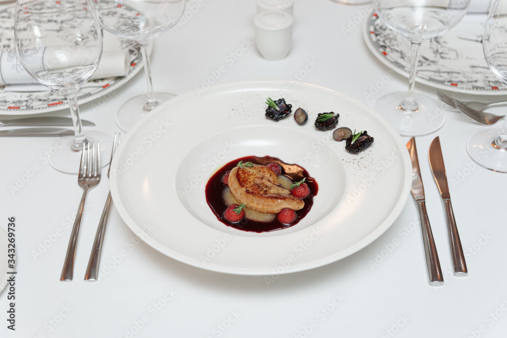 Foie gras dish on restaurant table