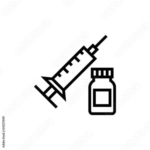 Injections and medicines Vaccine and syringe Vector icon illustration in outline style on white background