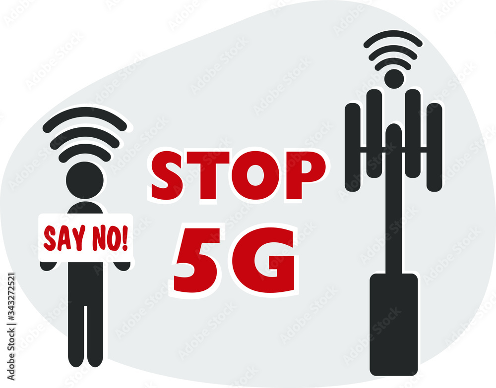 Stop 5G wifi protest simple illustration, man holding Say No sign, wireless antenna background
Stop 5G wifi protest simple illustration, man holding Say No sign, wireless antenna background