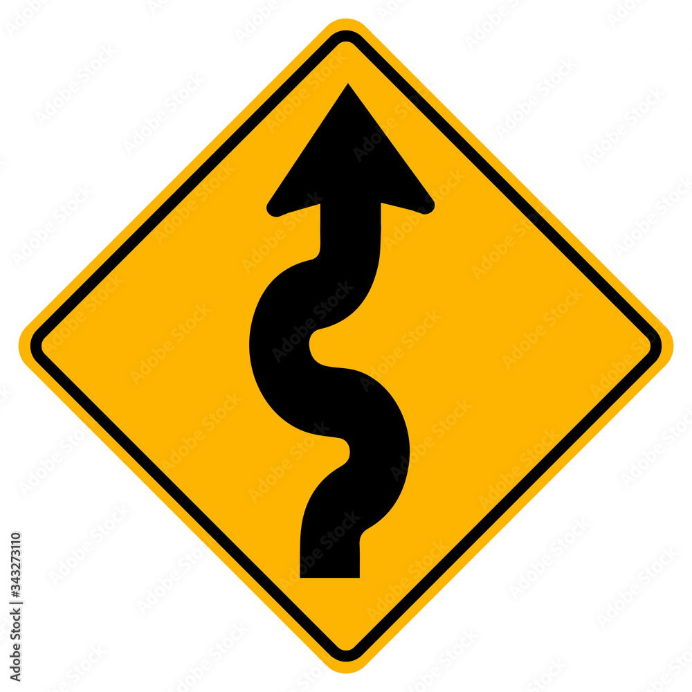 Warning signs Winding road, first bend to right on white background Warning signs Winding road, first bend to right on white background